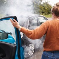 Rear View Of Female Motorist With Head Injury Getting Out Of Car After Crash