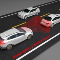 Emergency Braking Assist (EBA) sysyem to avoid car crash concept. Smart Car technology, 3D rendering image.