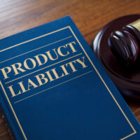 A blue book titled “Product Liability” sits next to a wooden judge’s gavel on a brown table, conveying a legal theme related to consumer rights. A blue book titled "Product Liability" sits next to a wooden judge
