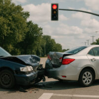 This image depicts a traffic collision involving two cars at a red light. The scene captures the aftermath of the crash, emphasizing the importance of road safety measures.