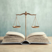An open book with a golden balance scale centered on its pages, symbolizing justice and knowledge, against a soft, blurred background.